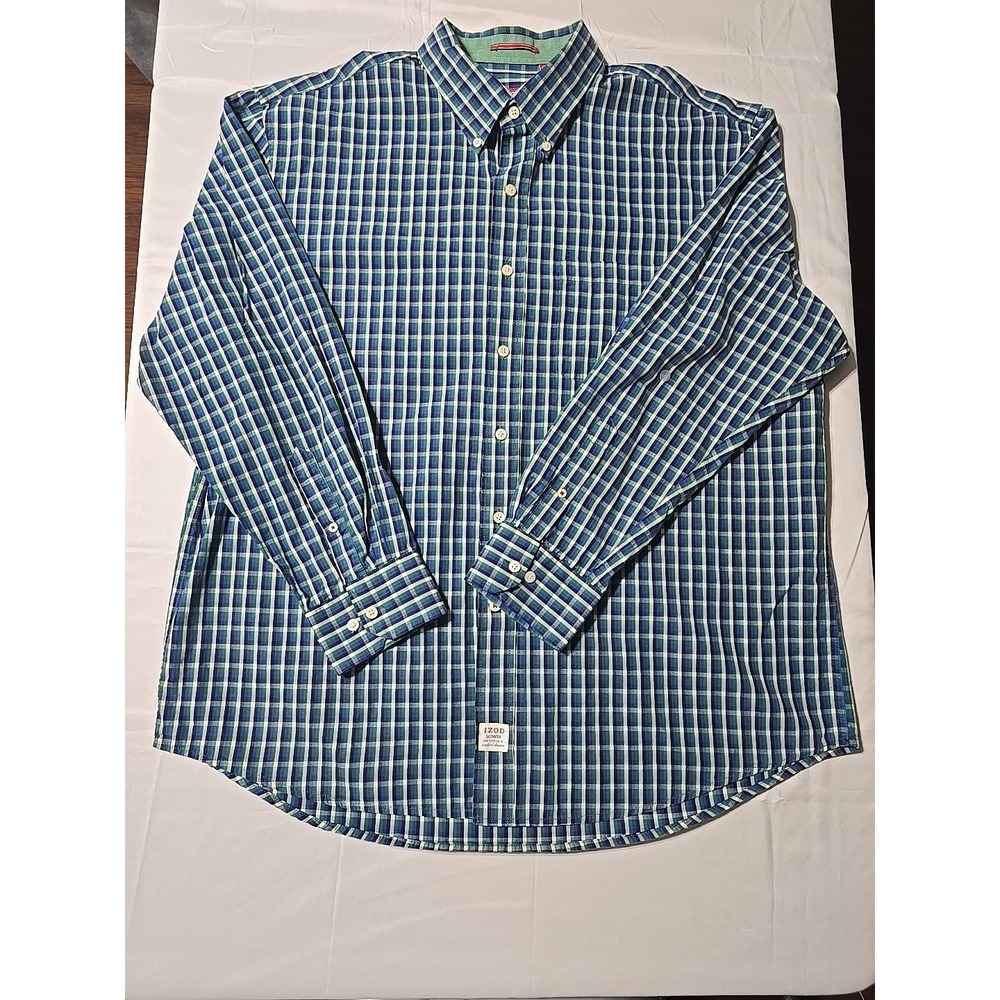 IZOD‎ Men's XL Button-Down Long Sleeve Casual Shirt Saltwater Blue Green Plaid